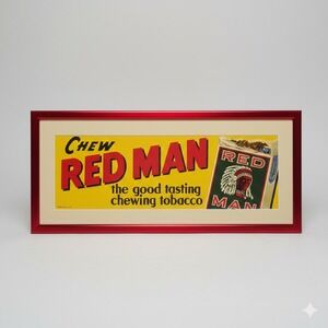 Vintage Red Man Chewing Tobacco Sign Framed Advertising Man Cave Americana Decor